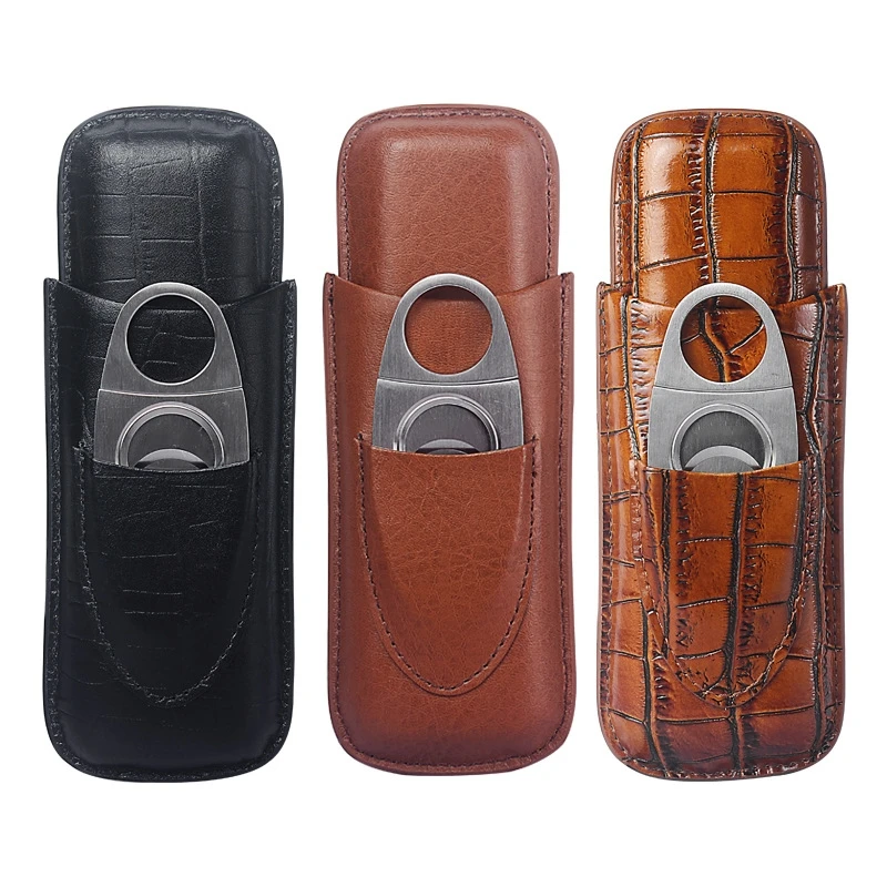 Portable 2-Finger Leather Cigar Case with Silver Cutter,Cedar Wood Lined Cigar Humidor Premium Travel Cigar Storage Holder