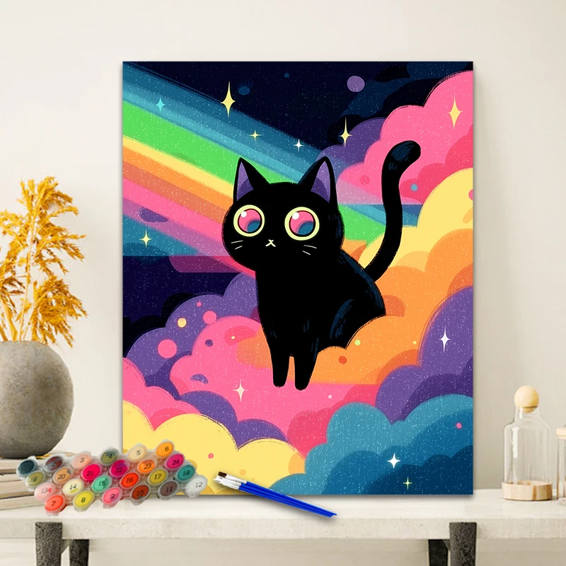 Painting By Numbers Rainbow Cat Anniversary Gift on Digital Painting Canvas Acrylic Paint Image Digital Coloring