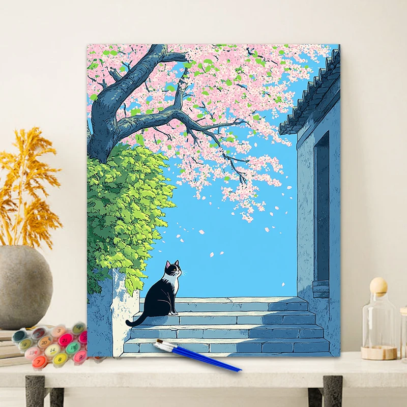Painting By Numbers Sakura Cat Anniversary Gift on Digital Painting Canvas Acrylic Paint Image Digital Coloring