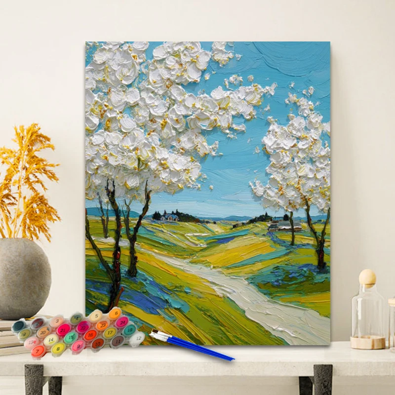 Painting By Numbers Road Between Flowers Anniversary Gift on Digital Painting Canvas Acrylic Paint Image Digital Coloring
