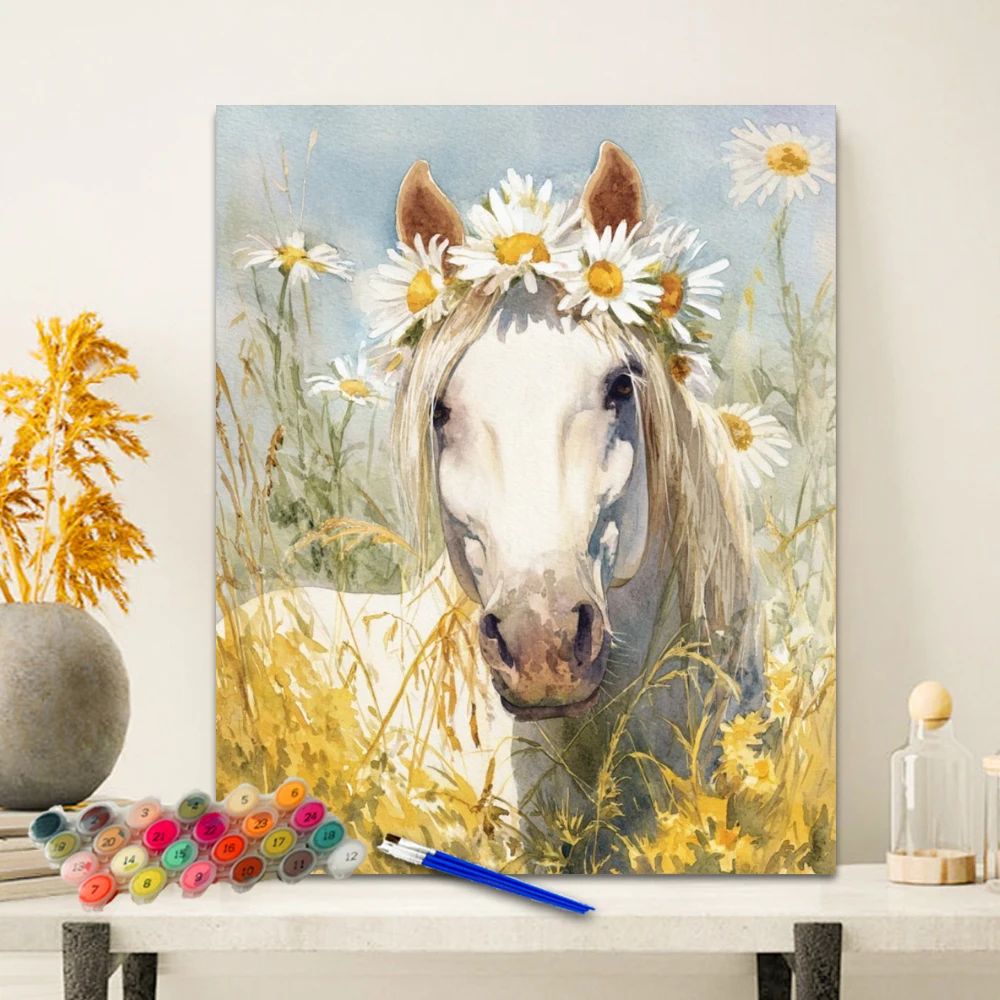 Painting By Numbers A pony in the flower field Anniversary gift on Digital Painting Canvas Acrylic Paint Image Digital Coloring
