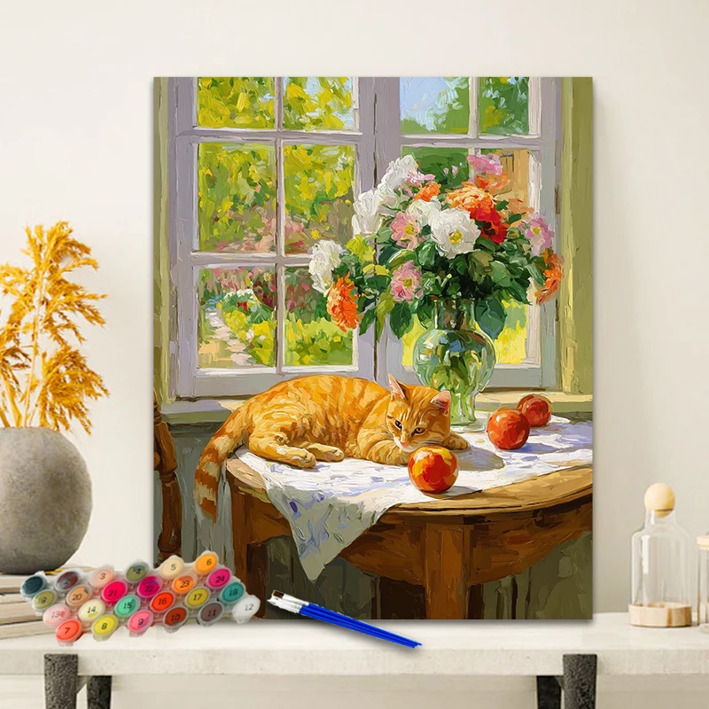 Painting By Numbers The Flower Cat Anniversary Gift on Digital Painting Canvas Acrylic Paint Image Digital Coloring