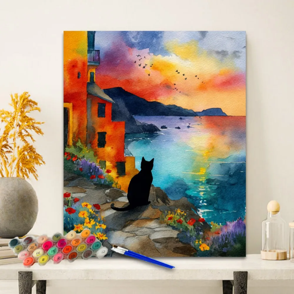 Painting By Numbers Colorful house Black cat  Anniversary gift on Digital Painting Canvas Acrylic Paint Image Digital Coloring