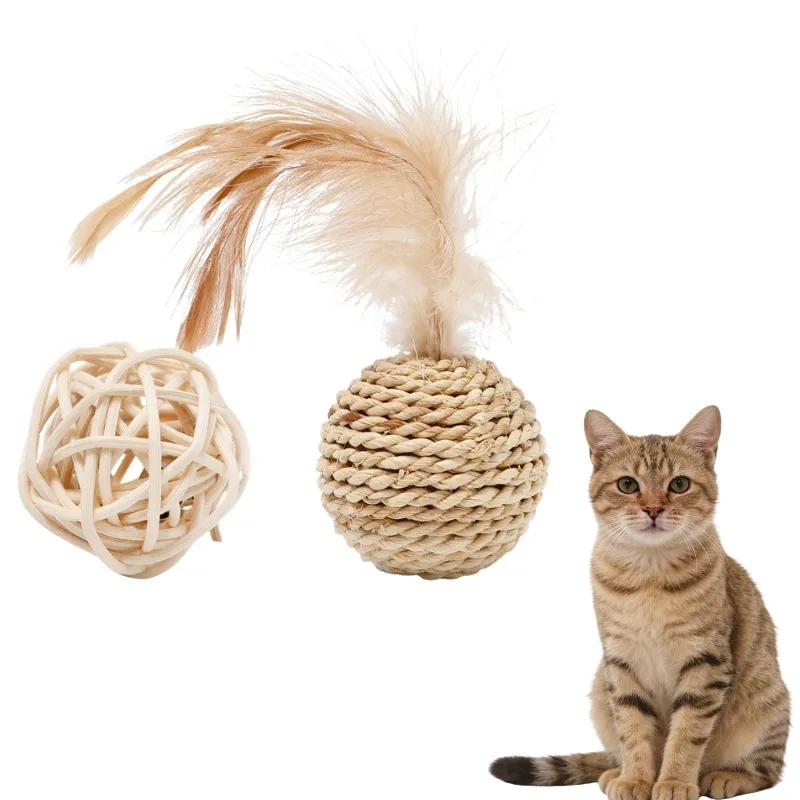 Natural Rattan Feather Cat Toy with Bell Sound Ball Handmade Grass Woven Double Ball Set Interactive Play Supply Relieve