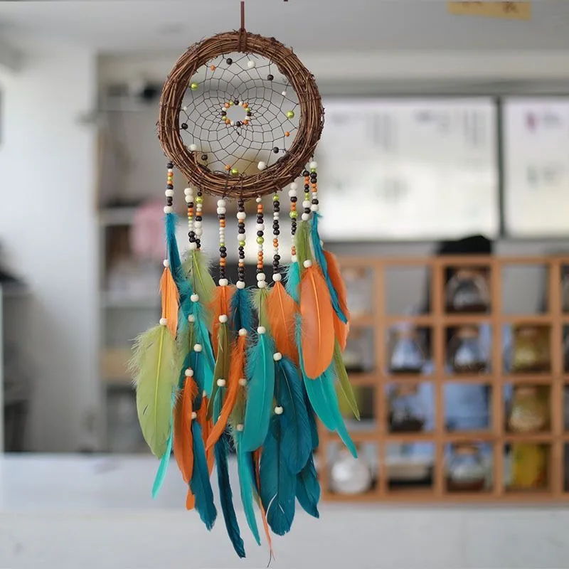 Vintage Natural Rattan Dreamcatcher Wall Decor Handcrafted Color Feather Tassel Beaded Ornament Indoor Hanging Craft Pendant.