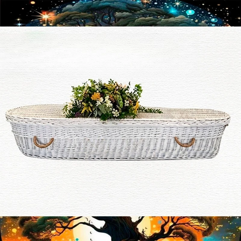 Export Europe, America and North America rattan coffin, white solid wood funeral flower coffin, funeral supplies