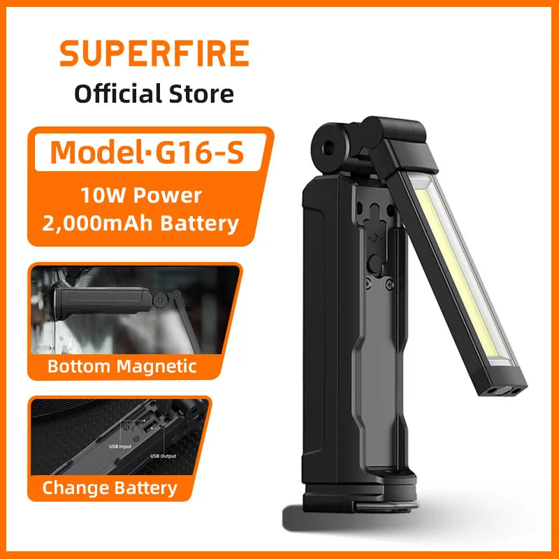 SUPERFIRE G16-S COB LED Work Light USB Rechargeable Magnetic Flashlight Folding Lantern Camping Emergency Car Repair with Hook