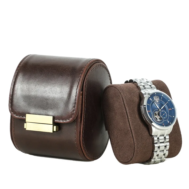 Genuine Leather Luxury Wristwatch Organizer Case with Lock Spring Closure, Anti-Scratch Watch Storage Holder for Home & Travel