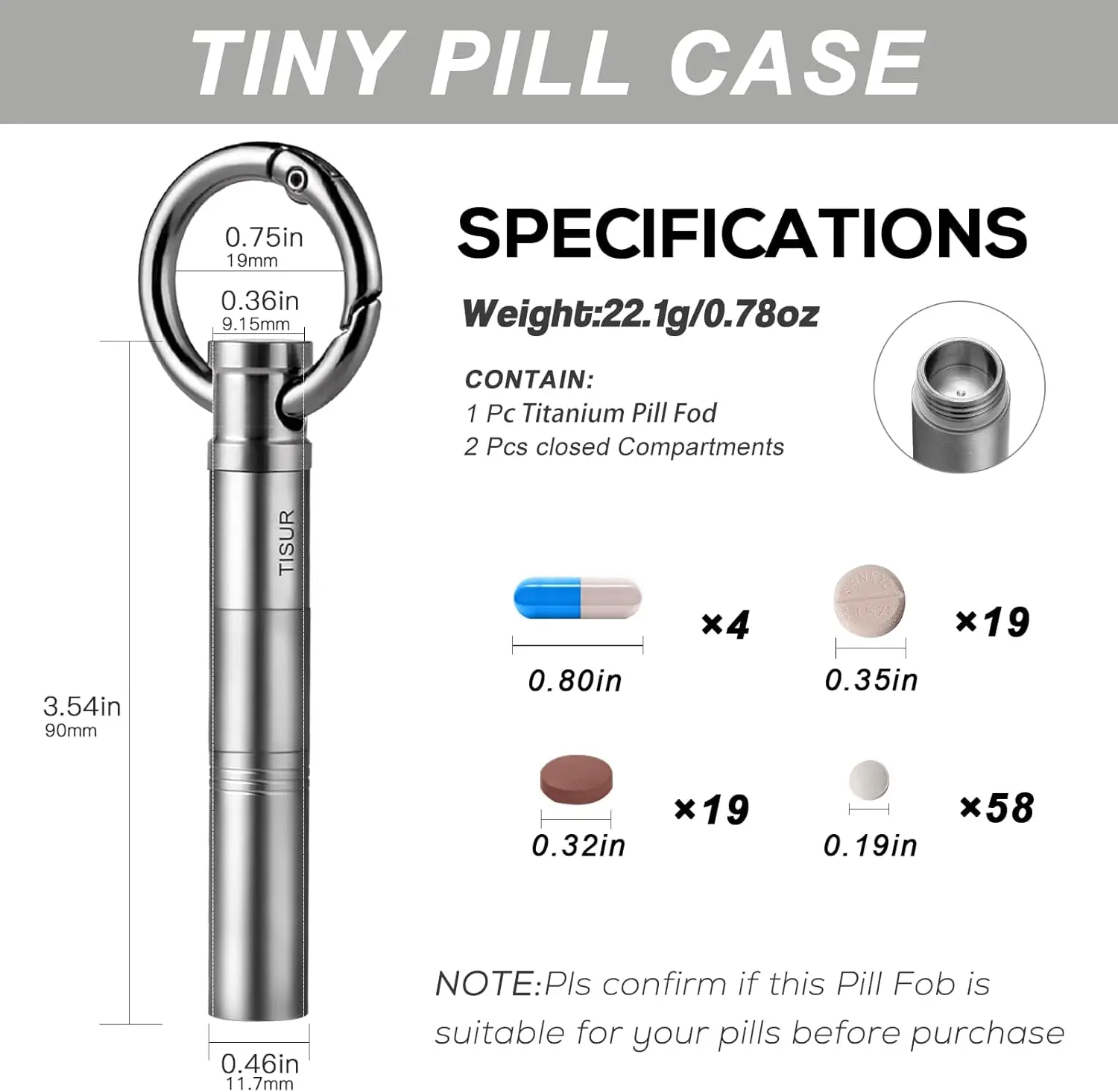 TISUR Small Keychain Pill Holder ,Titanium Metal Travel Pill Case Portable Pill Organizer Container for Purse Waterproof C34