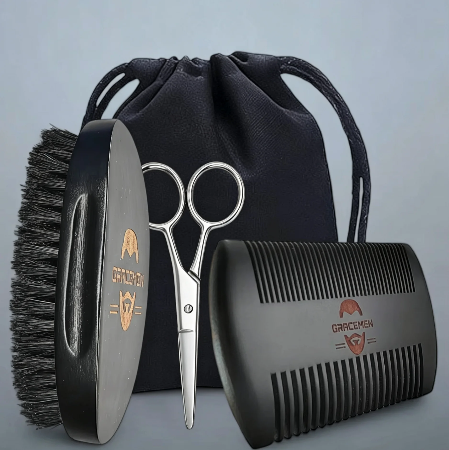 Gracemen Black Beard Kit - Beard Brush & Hair Comb & Stainless Steel Trimming Tool Men's Grooming Tools With Bag