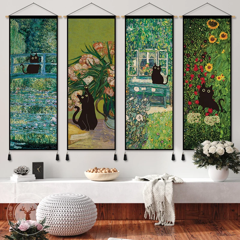 Funny Black Cat in Famous Paintings Tapestry Wall Hanging - Room Decor Aesthetic with Rod for Living Room Bedroom Wall Decor