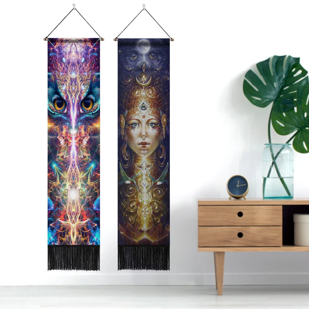 Psychedelic Owl Tapestry Wall Hanging, Spirit Animal Tapestries, Meditation Room Decor, 12.8x51.2 Inch