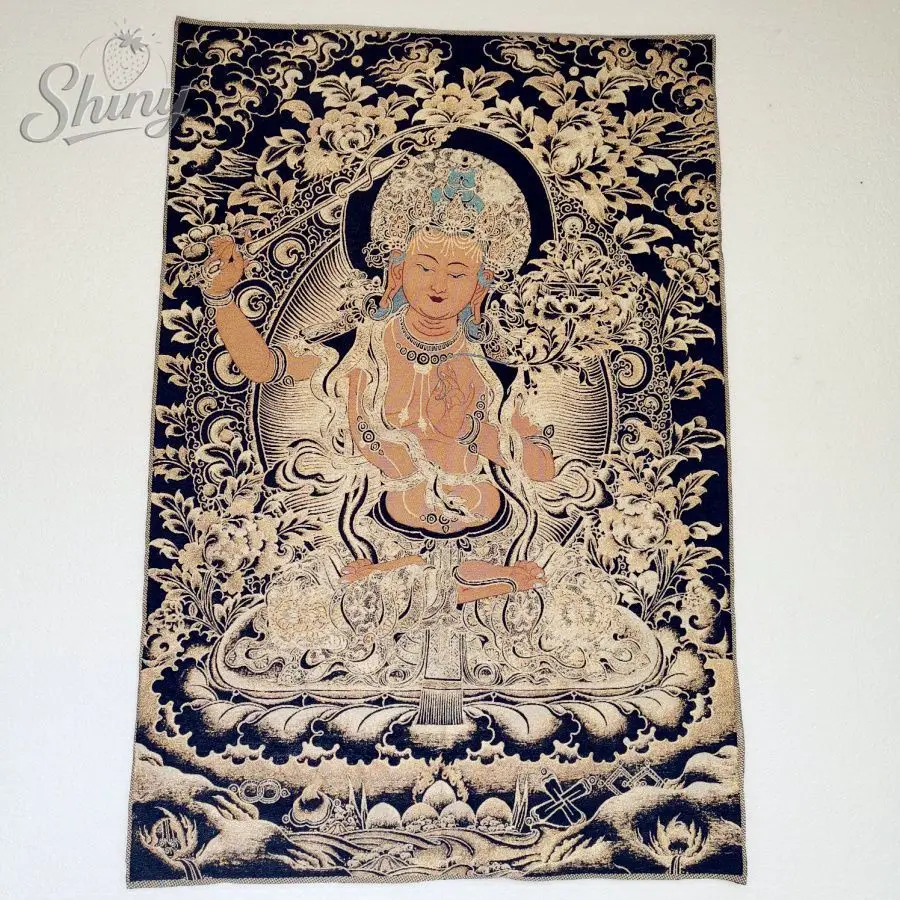 Black Gold Manjusri Bodhisattva Brocade Tibetan Tangka Embroidery Painting Gold Thread Embroidery Decorative Hanging Pictures