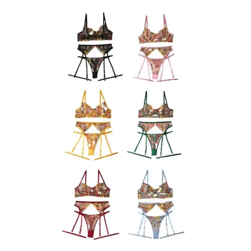 Clearance Random Color Sexy Lingerie Set 3 Pcs Floral Embroidery Sheer Lace Bra Garter Belt Panty Intimate Underwear Kit