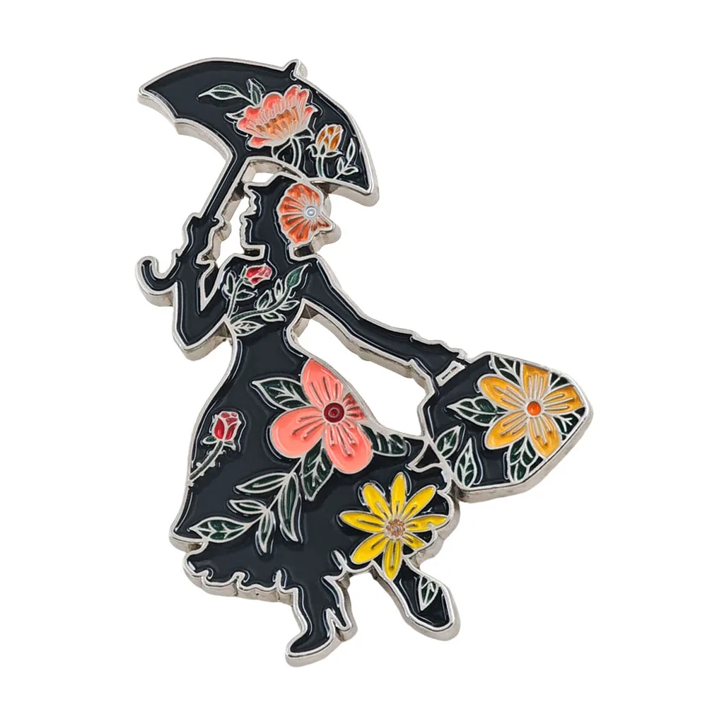 Mary Poppins Enamel Pin Classic Flying Umbrella Brooch Vintage Silhouette Floral Badge Magic Nanny Lapel Pins Backpack Fans Gift