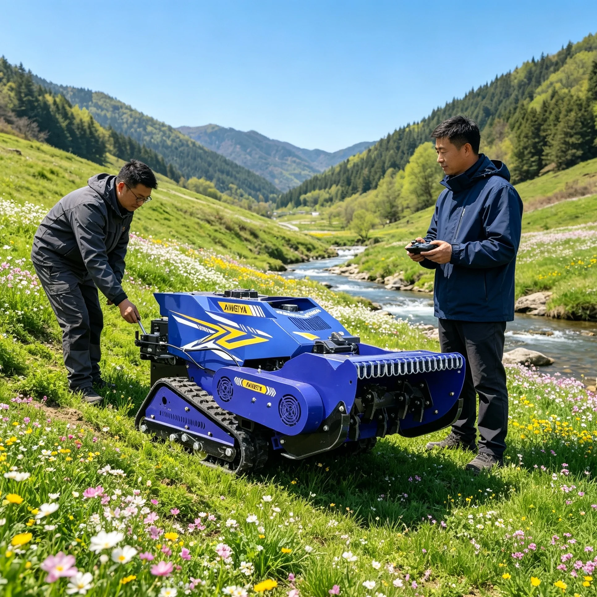 Customized multi‑color optional appearance, tracked lawn mower carries industrial remote control for hilly orchard operations