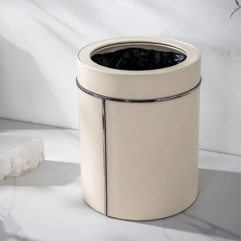 Luxury Stainless Steel Trash Can with Leather Large Capacity Waste Bin for Home Garbage Container Elegant Office Wastebasket