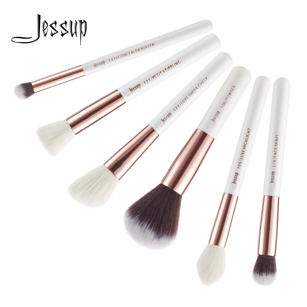 Jessup Professional Makeup Brushes Kit 6pcs White/Rose Gold Natural Hair Powder Concealer Highlighter Cosmetic Brush T224 White