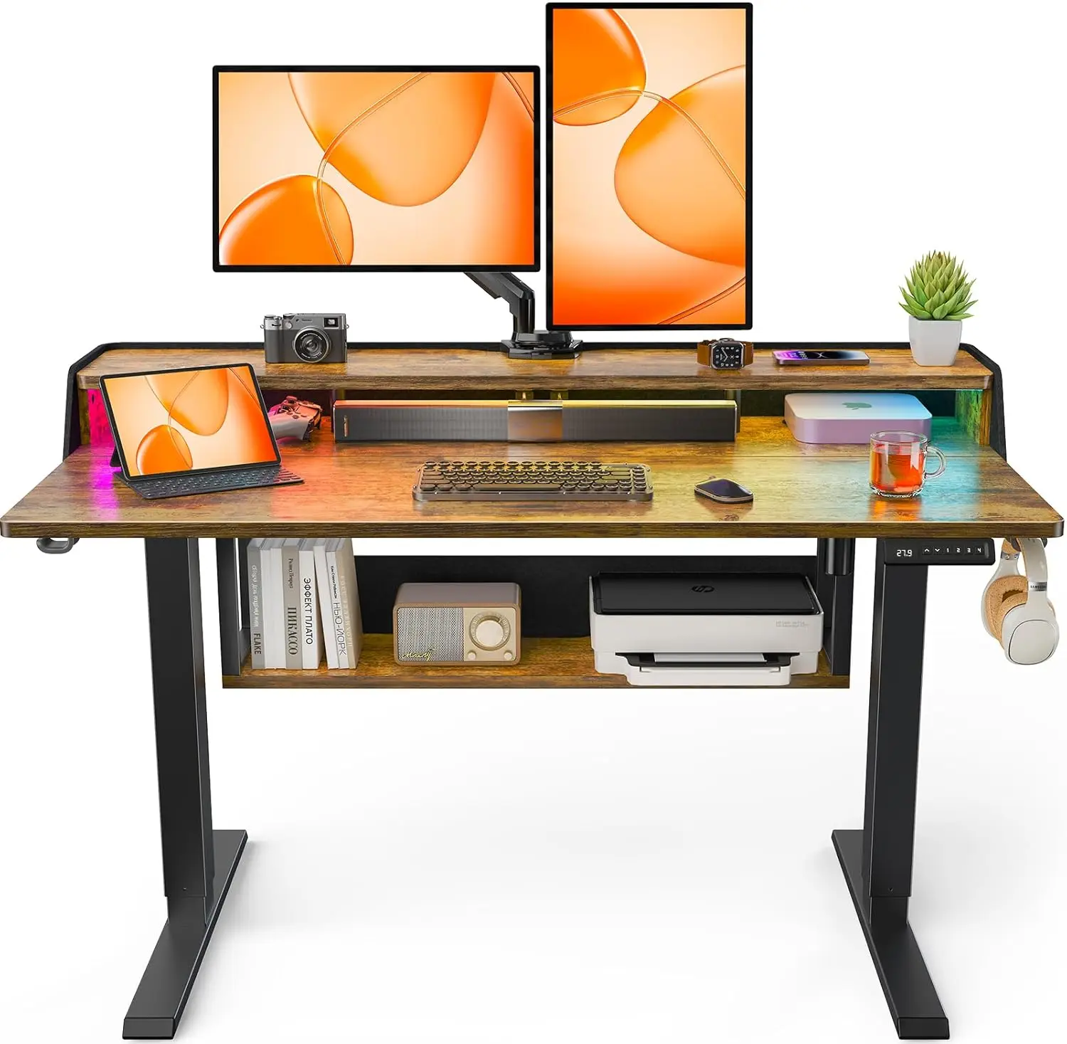 #Electric Standing Desk, 48x24 Inch Adjustable Sit Stand Desk with Bookshelf & Monitor Stand, Standing Gaming Desk, Customized