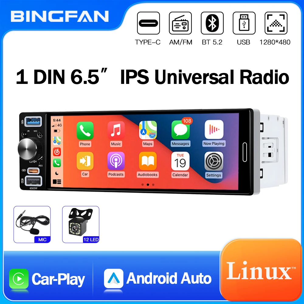 6.5 Inch Universal MP5 Car Radio 1DIN Carplay Android Auto Support FM/AM Wireless IPS Touch Screen Multimedia Video Player