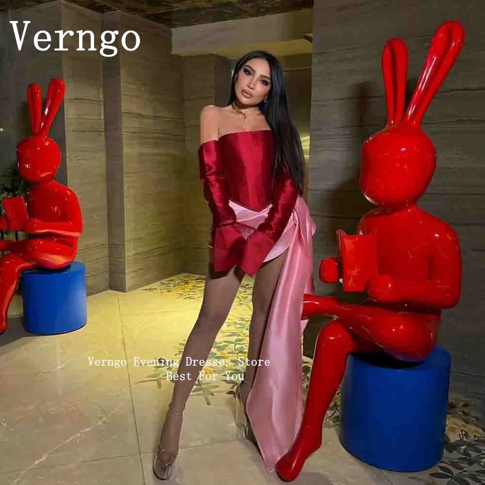 Verngo Contrast Color Mini Party Dress Women Off The Shoulder Full Sleeves Short  Summer Dress Sexy Two-Pieces Cocktail Dress