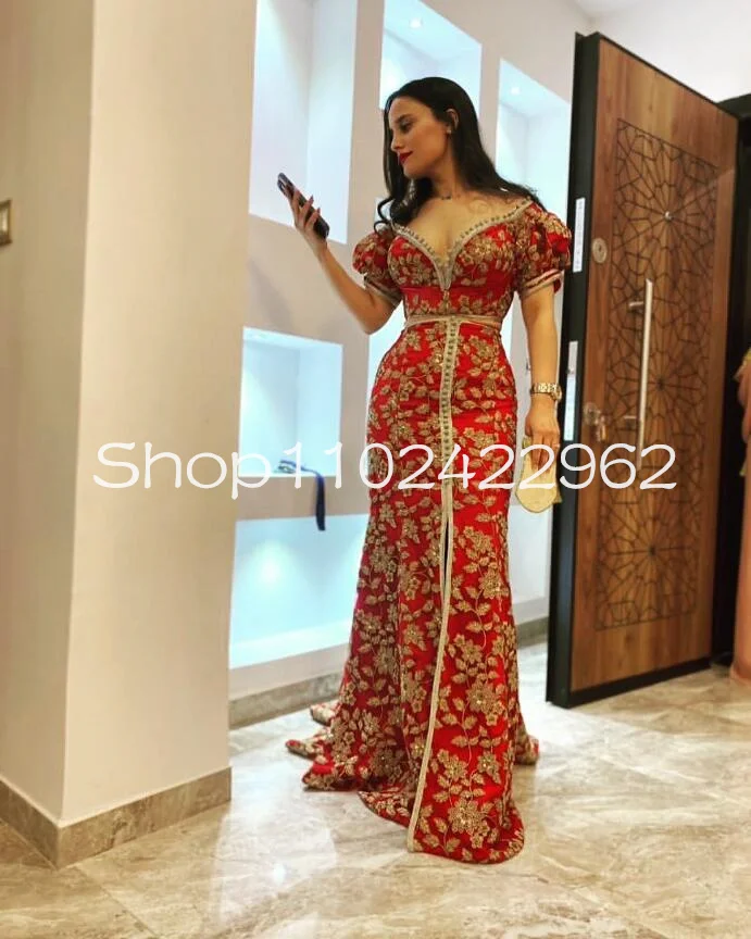 Red Two Pieces Mermaid Evening Occasion Dresses Tunisienne National Gillter Sequins Applique Arabic Caftan Prom Gown customsized