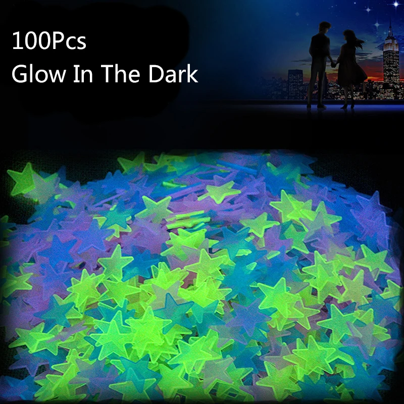 100Pcs Luminous 3D Star Stickers for Kids Bedroom Fluorescent Colorful Star Wall Sticker Glowing in the Dark 3mm
