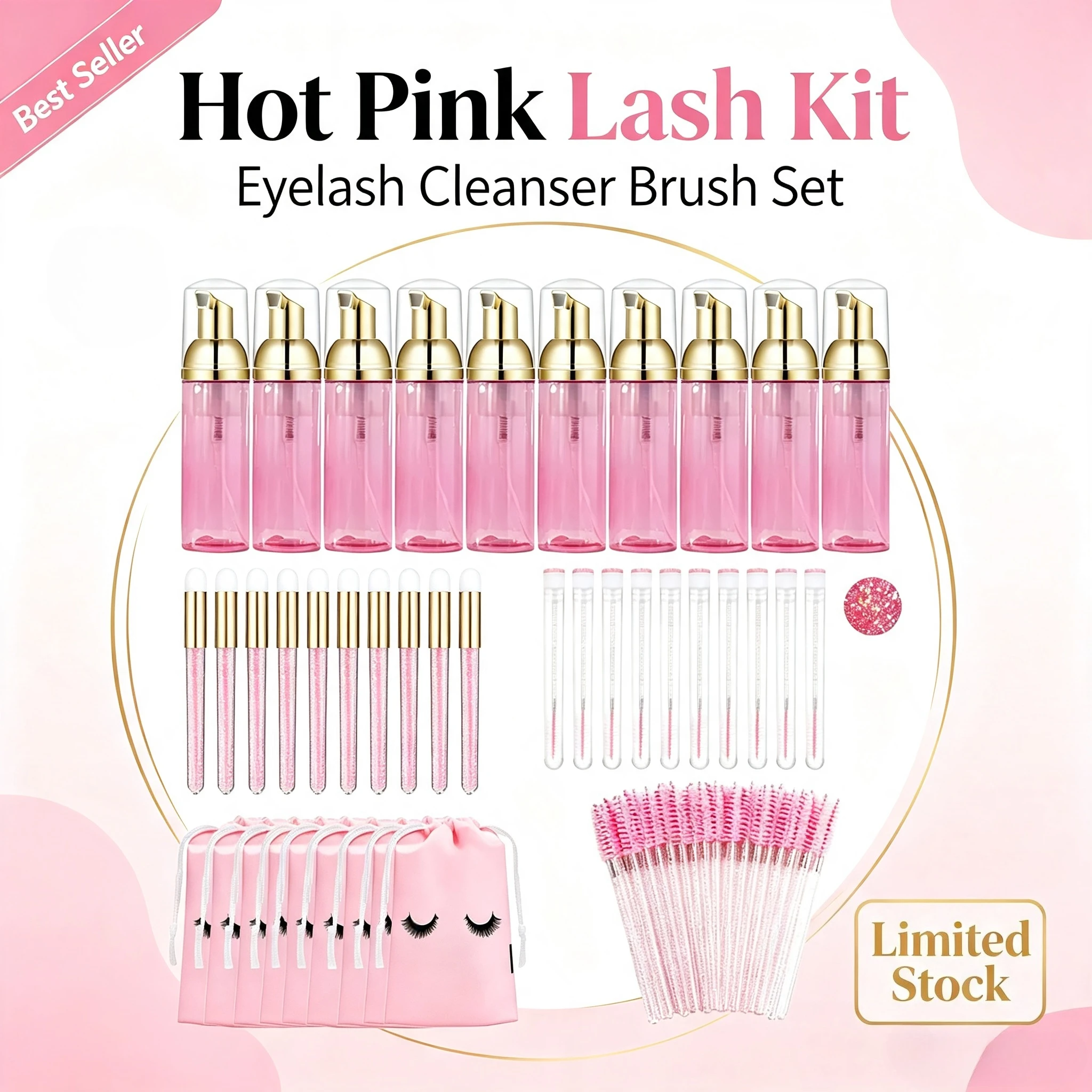 20/40/90Pcs 60ml Refillable Empty Red Foam Pump Bottles Eyelash Graft Cleaning Kit Pink Brushes Shampoo Dispenser Skincare Tools