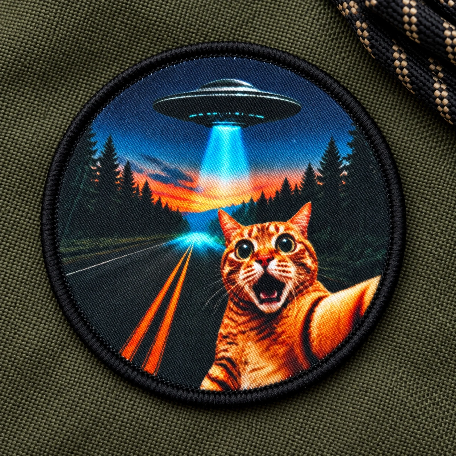 1PC UFO Cat Selfie Printed Morale Patch Alien Abduction Meme Emblem Hook And Loop Fastener for Backpack Jacket Clothes