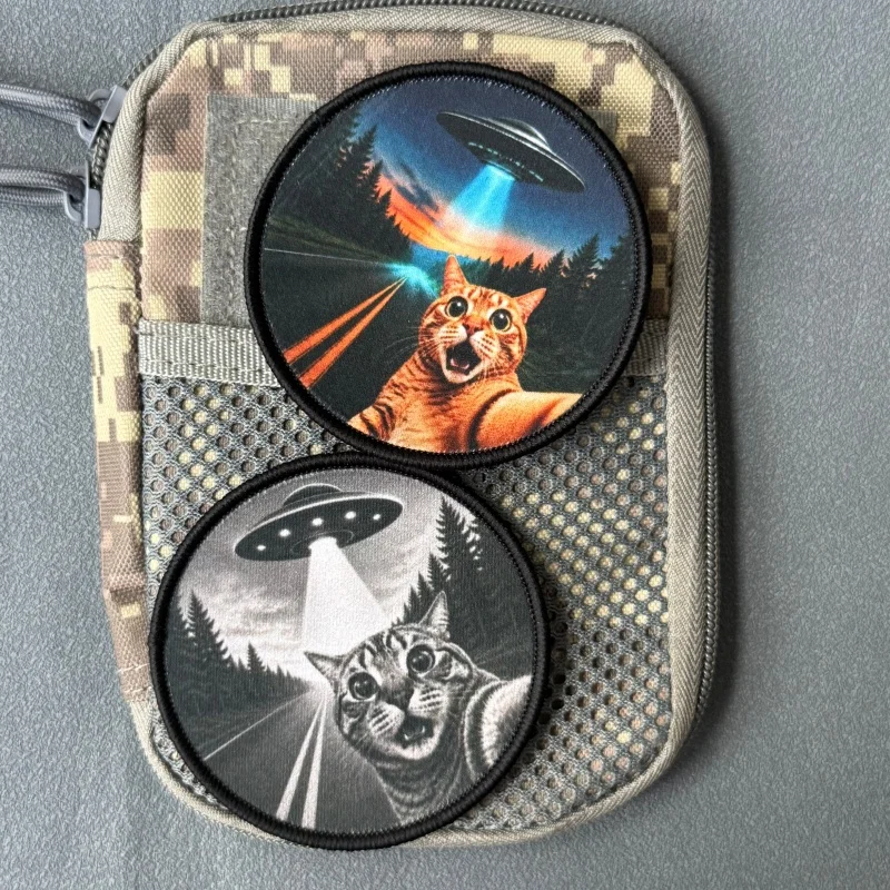 Funny UFO Cat Selfie Meme Tactical Military Print Patch on Clothes Morale Badge Hook Loop Patches Backpack Armband