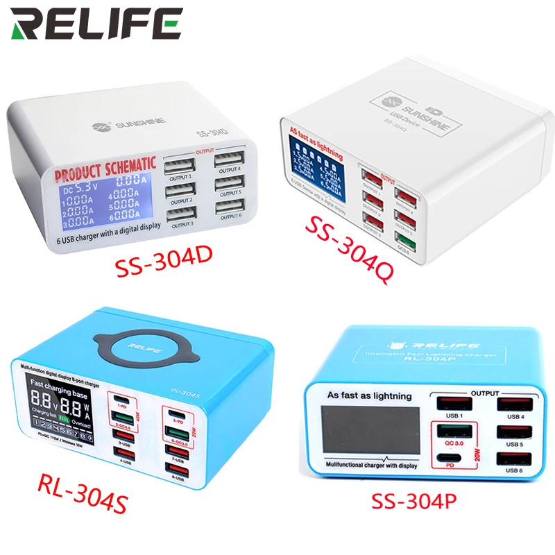 RELIFE RL-304P SS-304D SS-304Q Smart 6 Port USB Digital Display Lightning Charger For IPhone Samsung Huawei MI Vivo Opop Flat