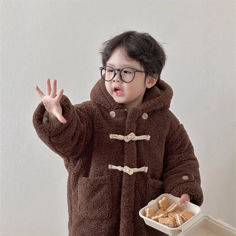 2025 Winter Hot Selling New Children's Lamb Fleece Medium to Long Hooded Solid Color Bull Horn Button Coat