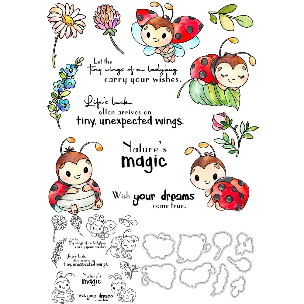 Cute Flying Ladybugs And Flowers Cutting Dies Clear Stamp DIY Scrapbooking Metal Dies Silicone Stamp For Cards Albums