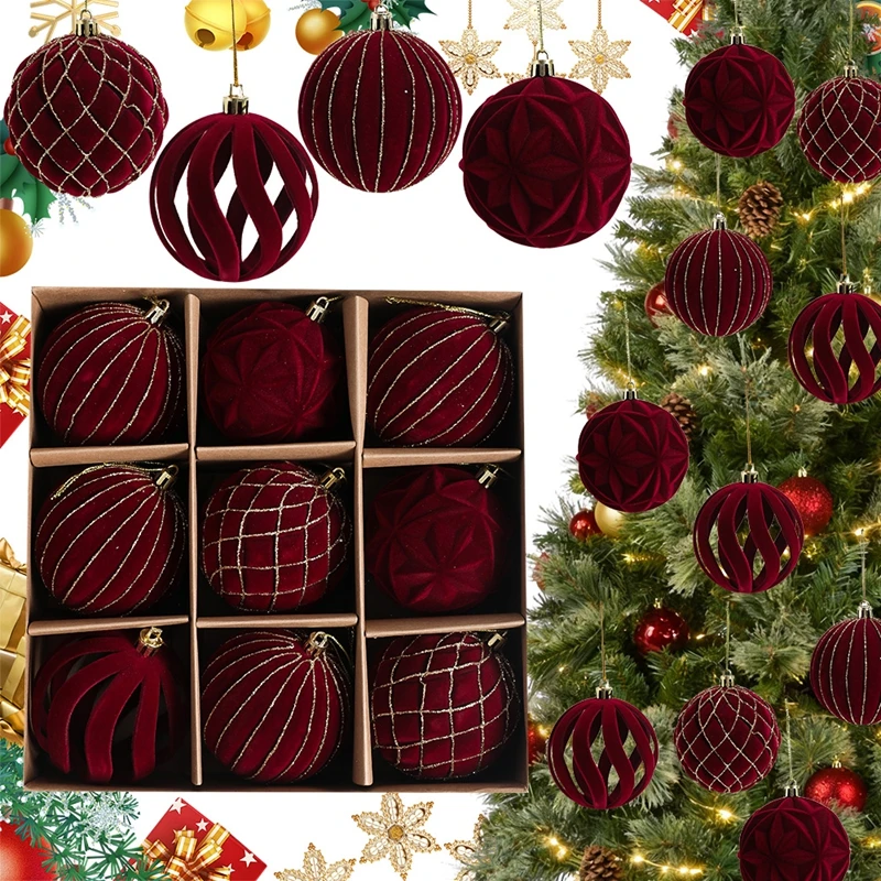9/12/16Pcs Wine Red Velvet Christmas Ball Ornaments Xmas Tree Hanging Pendant Ornaments for Home Party Decor 2026 New Year Gifts