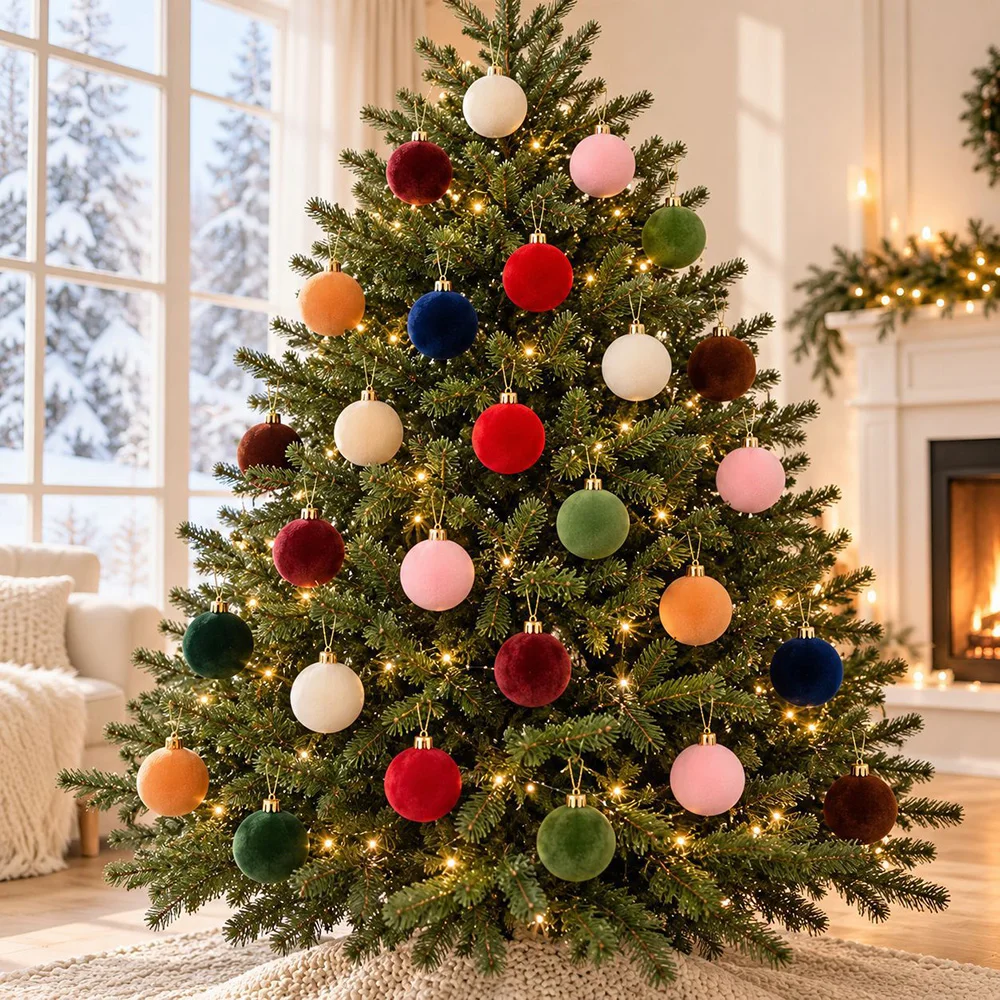 10/20 Pcs 2.36 Inch Velvet Christmas Ball Ornaments Multicolor Flocked Hanging Xmas Tree Decorations for Xmas Holiday Home Decor