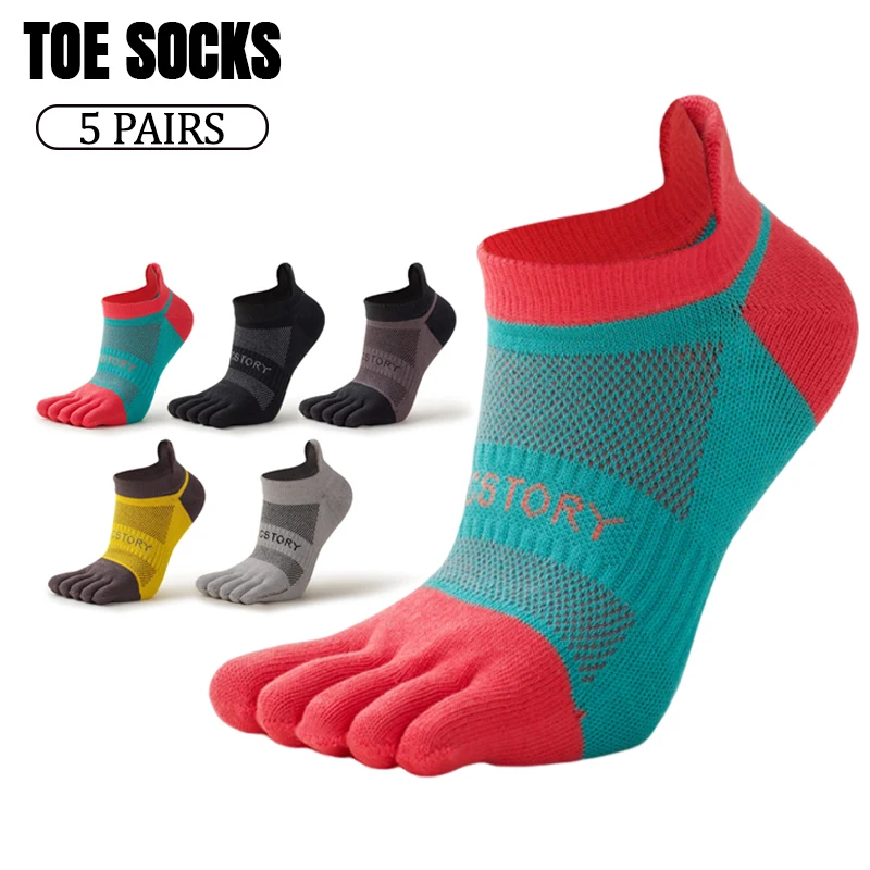 5 Pairs Summer Men Toe Sport Socks Coolmax Moisture-Wicking Cycling Socks Low-Cut Socks for Marathon Hiking Running