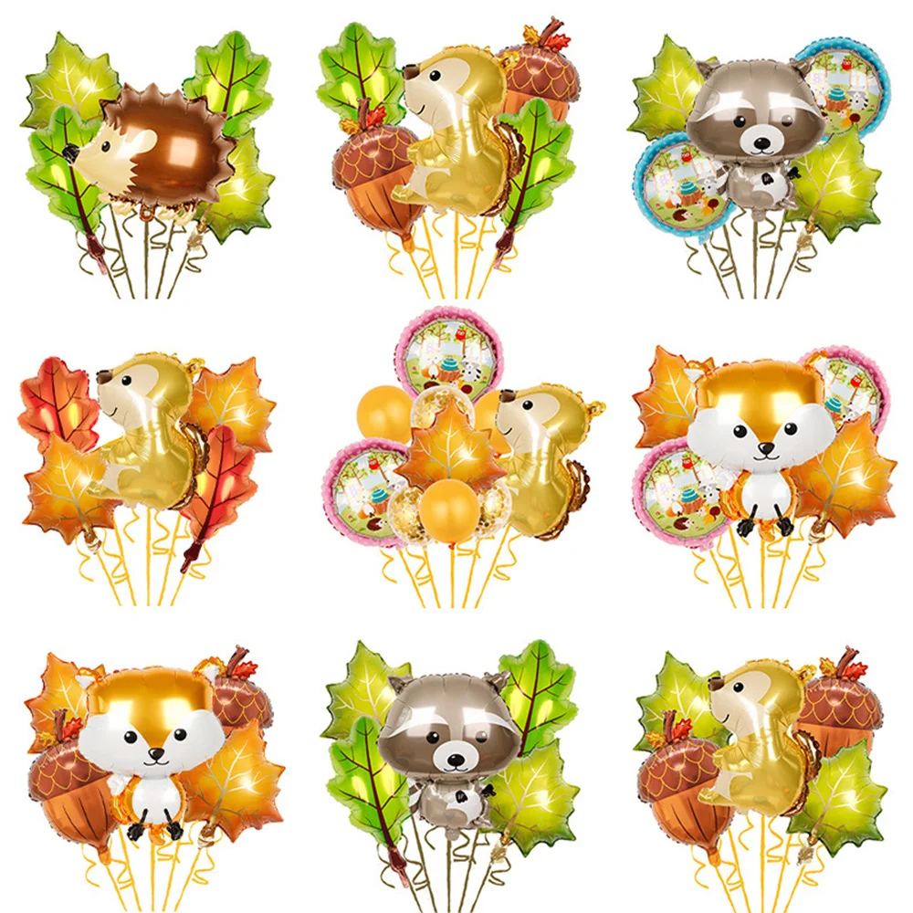 5 Piece Woodland Cartoon Animal Theme Forest Party Set Squirrel Fox Raccoon Balloon Green Brown Leaf Aluminum Film Balloon