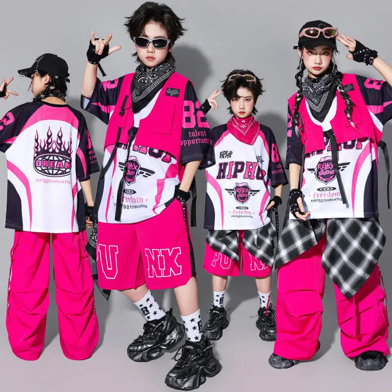 Boys Streetwear Hip Hop Clothes Set Rose Vest Shorts Print T-shirt Street Dance Outfit Group Jazz Cool Stage Performance Costume