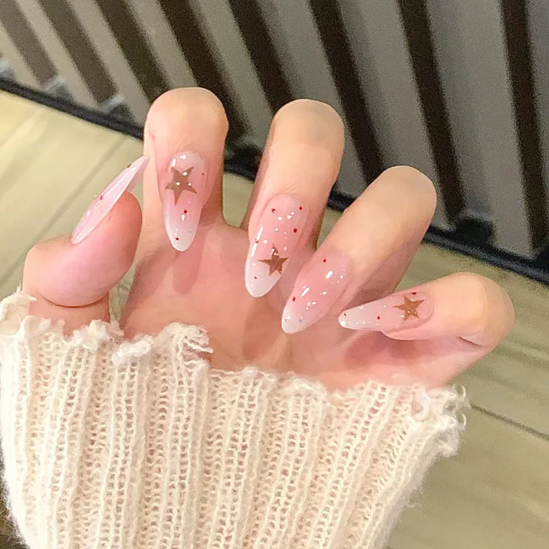 24Pcs Mid-length Almond Woman's Fake Nails Polka Dot Star Gradient False Nails with Design Press on Reusable Full Cover Nail Tip