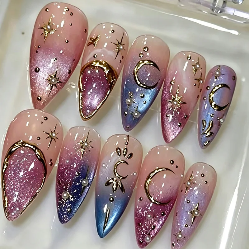 24Pcs Gilded Cat's Eye Almond Press on Nails Star Moon Relief Design Stick on Nails False Blue Pink Gradient Tips Long Fake Nail