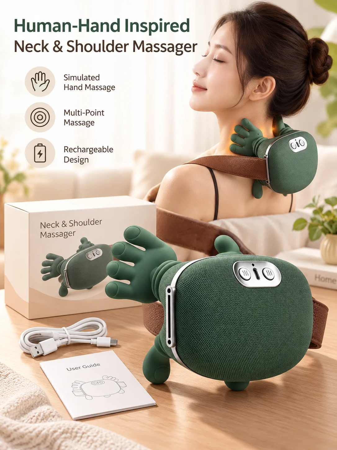 Human Hand Inspired Neck Shoulder Massager Multi Point Massage with Soothing Heat Rechargeable Portable Relaxation Device for Ho