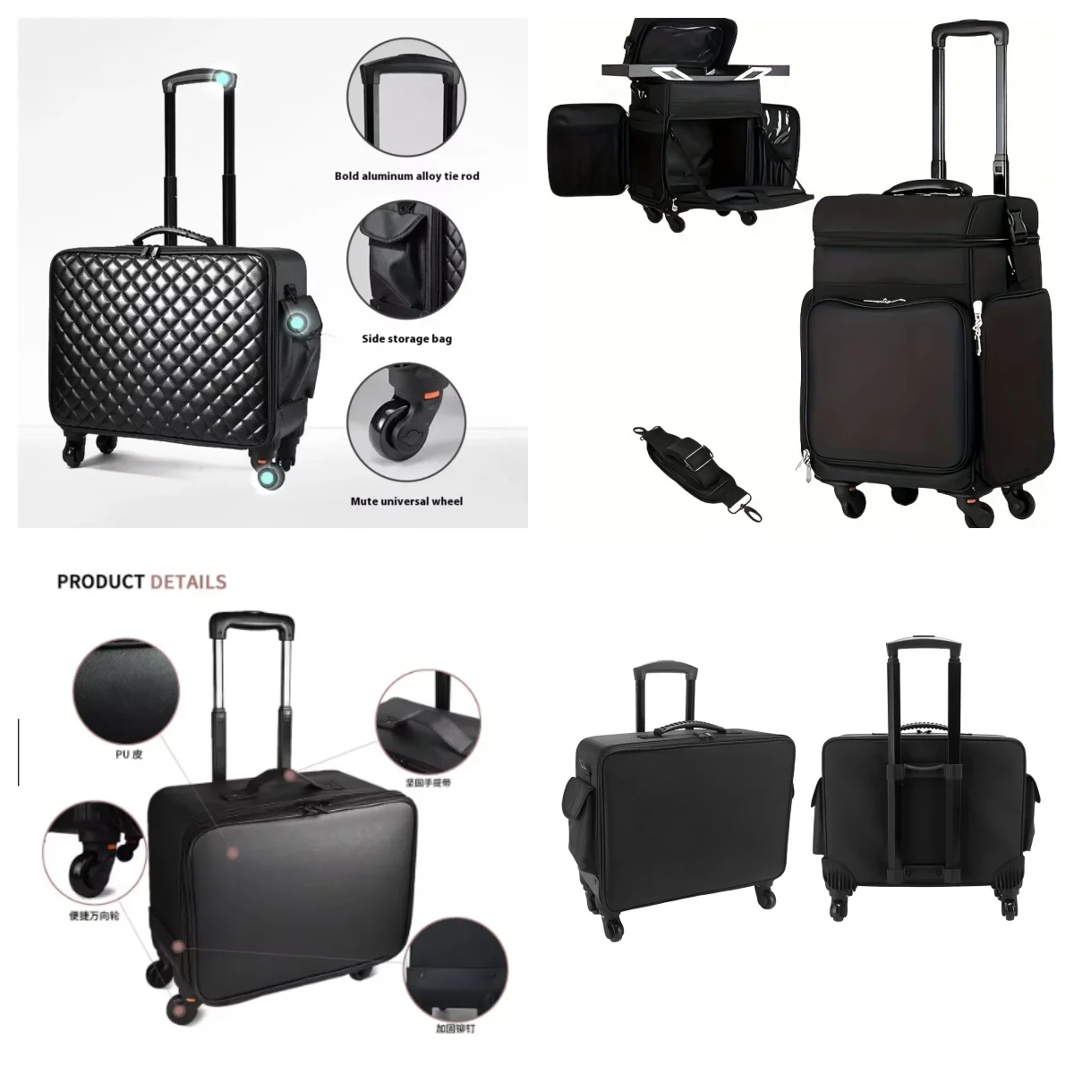 High-Capacity Canvas Makeup Artist Suitcase with Draw Bar Trolley Case for Manicure Hairdresser Barber Beauty Tools Storage