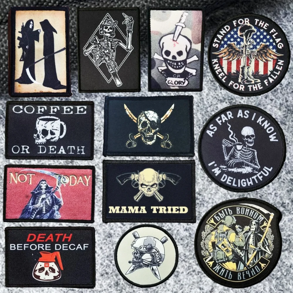 Death Tactics Skull Morale Badge Patches Printed Hook and Loop Armband Army Military Tactical Outdoor Backpack Helmet Stickers