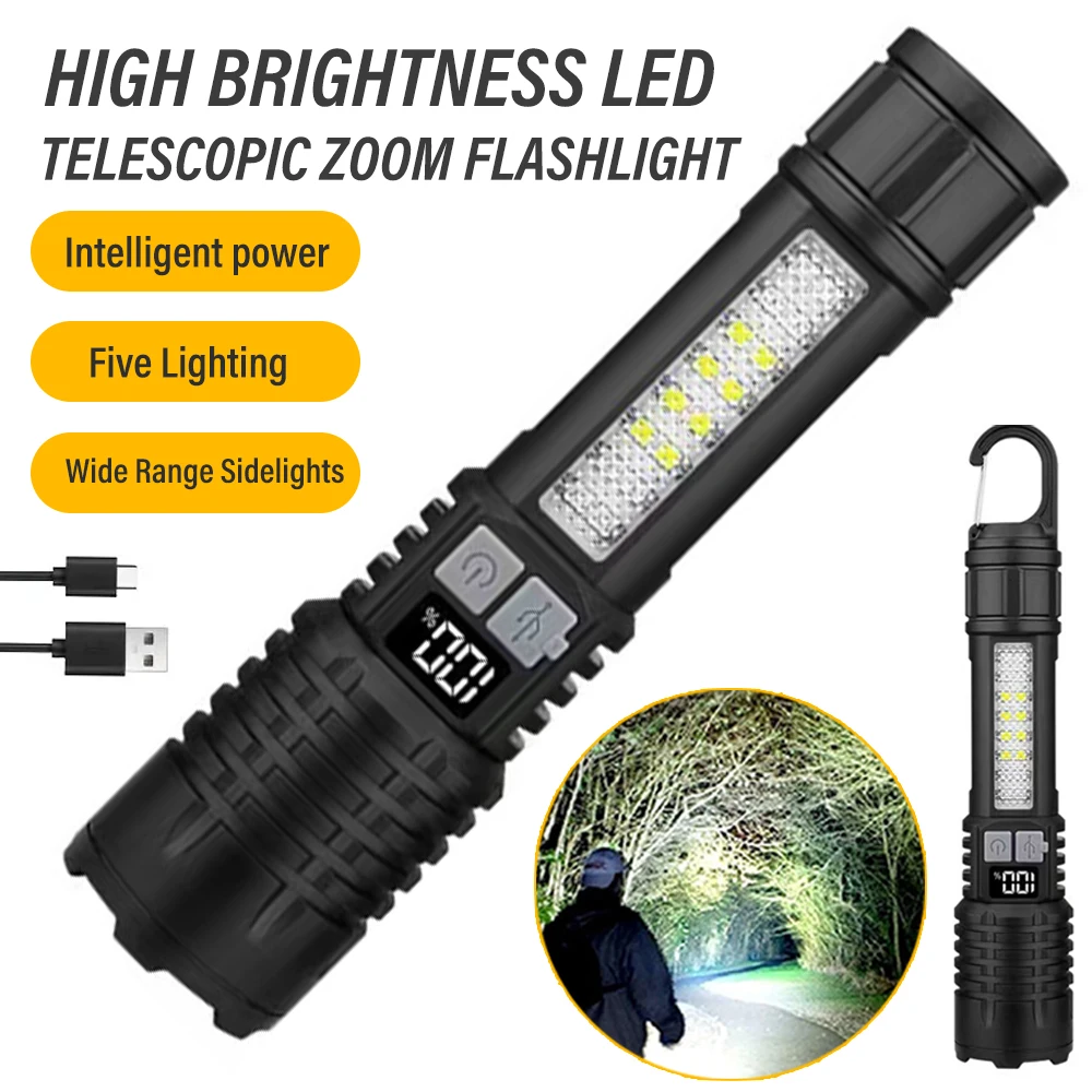 C5 Five Lighting Modes Rechargeable LED Hands-Free Flashlight Portable Flashlight with Telescopic Zoom and Power Indicator Light
