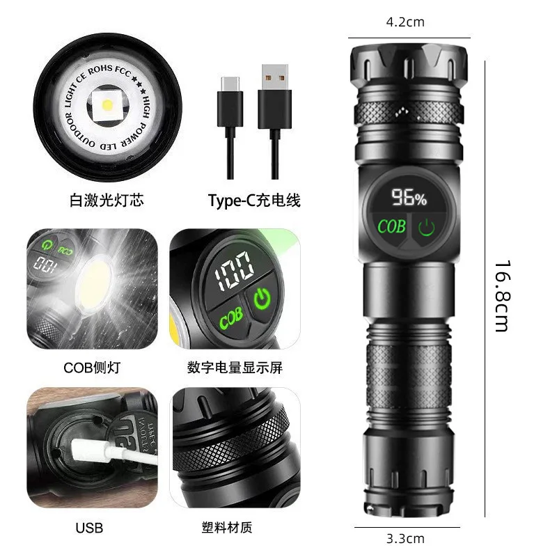 F9 Portable Zoom Flashlight, Rechargeable Battery With High Bright Cob Side Light And Red And Blue Warning Lights Repair Lamp