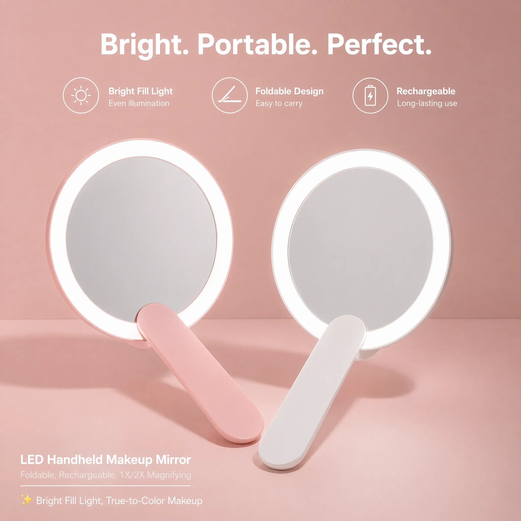 Portable LED Light Makeup Mirror Foldable Handheld Cosmetic Mirror Magnifying Beauty Mirror Rechargeable Travel Dressing Mirror