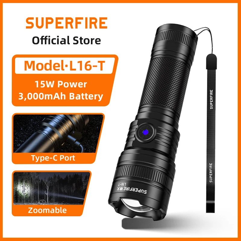 NEW SUPERFIRE L16-T Super Bright LED Flashlight 290m Long Range Type-C Charging Tactical Torch Camping Fishing Ourdoor Lantern