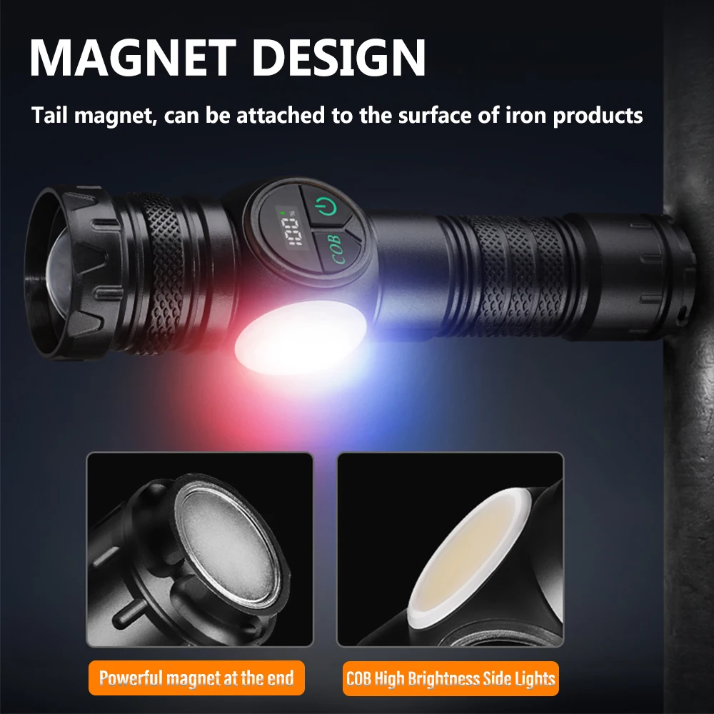 F2 Portable Zoom Flashlight, Rechargeable Battery With High Bright Cob Side Light And Red And Blue Warning Lights Repair Lamp