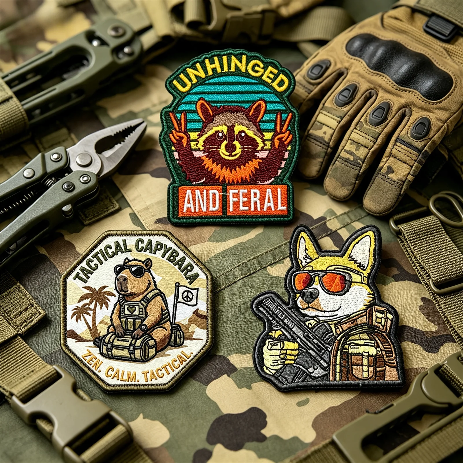 3 Pcs Embroidered Printed Tactical Morale Patches Meme Capybara Raccoon Corgi Hook & Loop Patches for Backpack Vest Gear