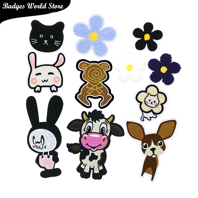 Cattle Flower Cat French Bulldog Chenille Icon Towel Embroidery Applique Patches For Clothing DIY Iron on Badges on the Backpack